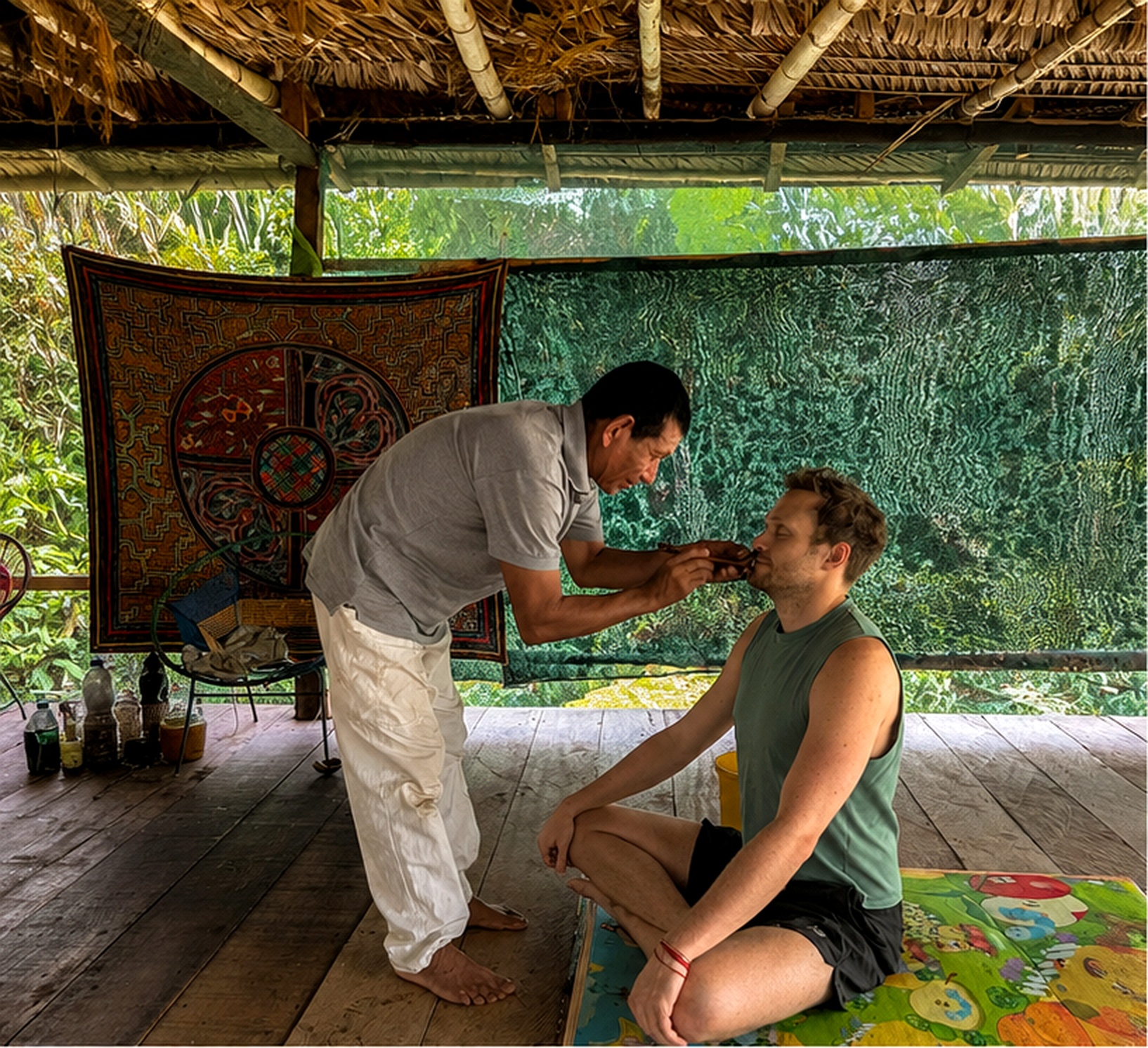 Traditional rapé ceremony inside an Amazon jungle maloca with a facilitator and seated participant at Ayaymama Mystic