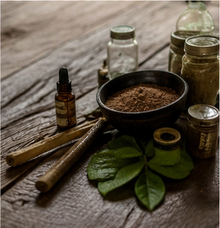Traditional rapé ceremony tools with natural medicine, applicators, leaves, and small bottles on a wooden floor in the Amazon jungle