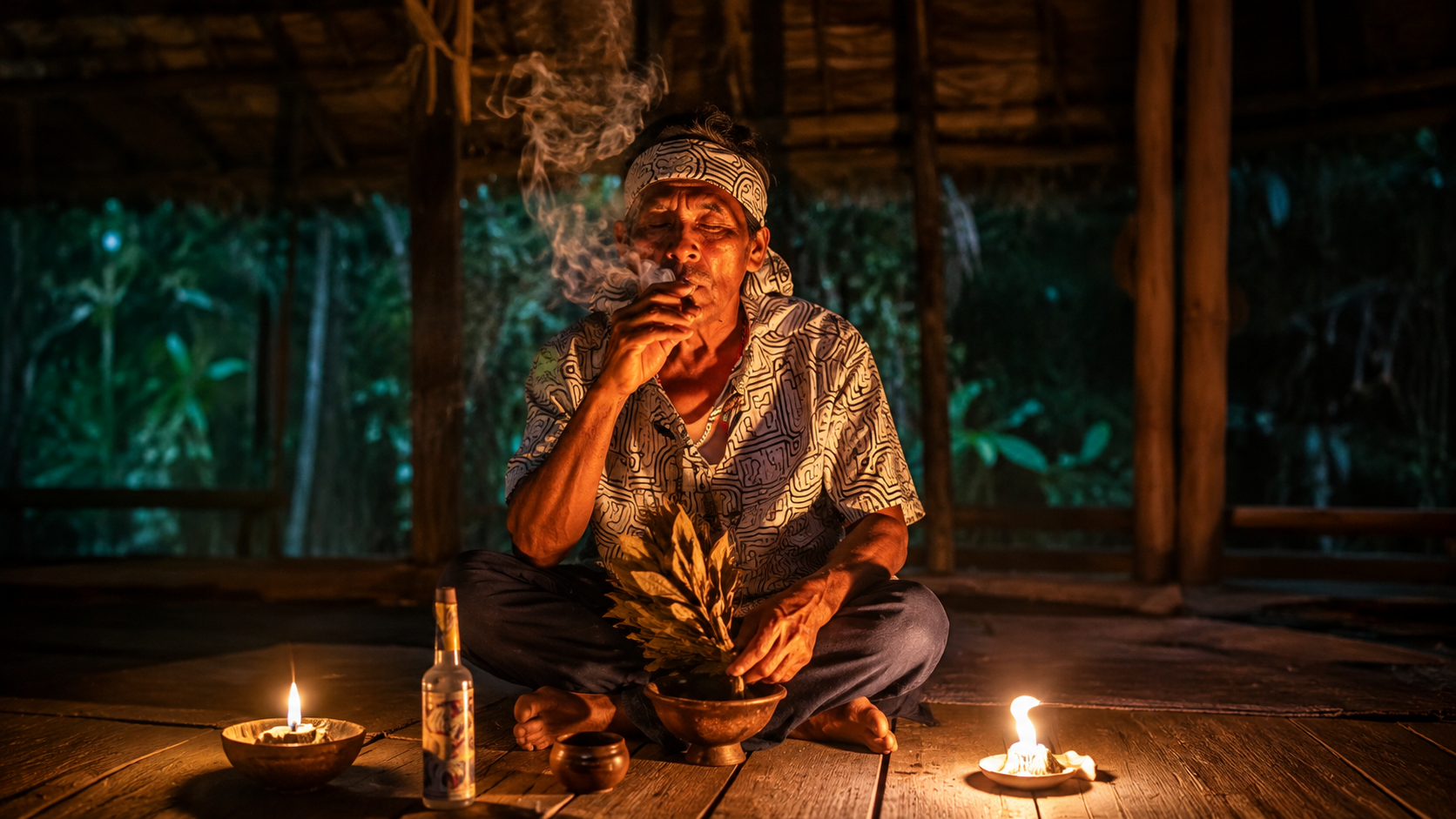 Amazonian healer preparing a traditional ayahuasca ceremony space