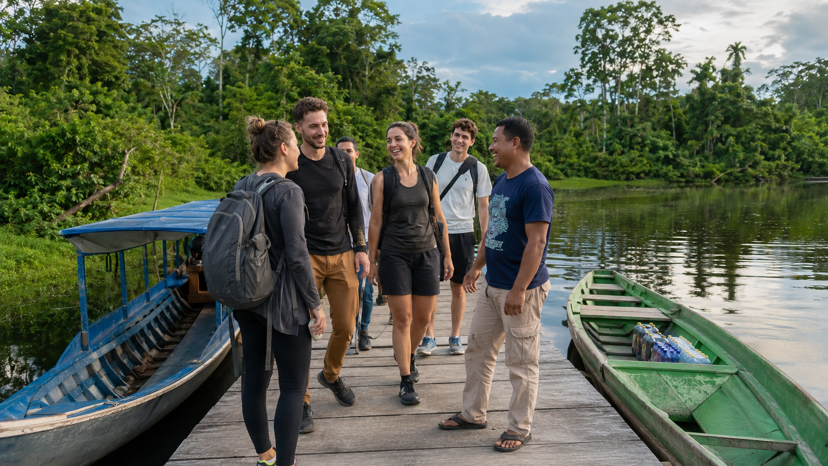 Travelers arriving by boat for an ayahuasca retreat near Iquitos Peru
