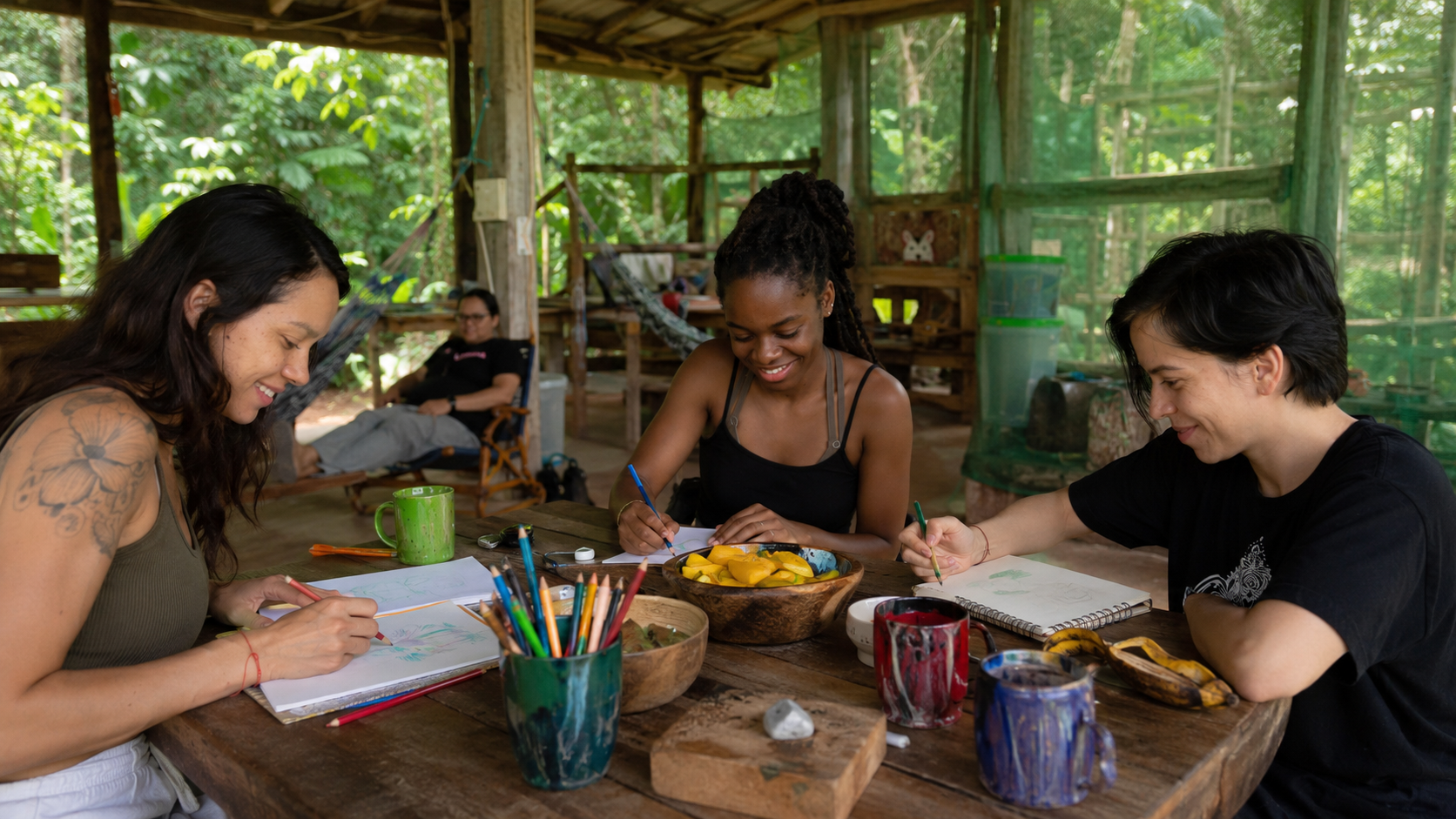 Ayahuasca retreat guests reflecting and drawing during integration after ceremony