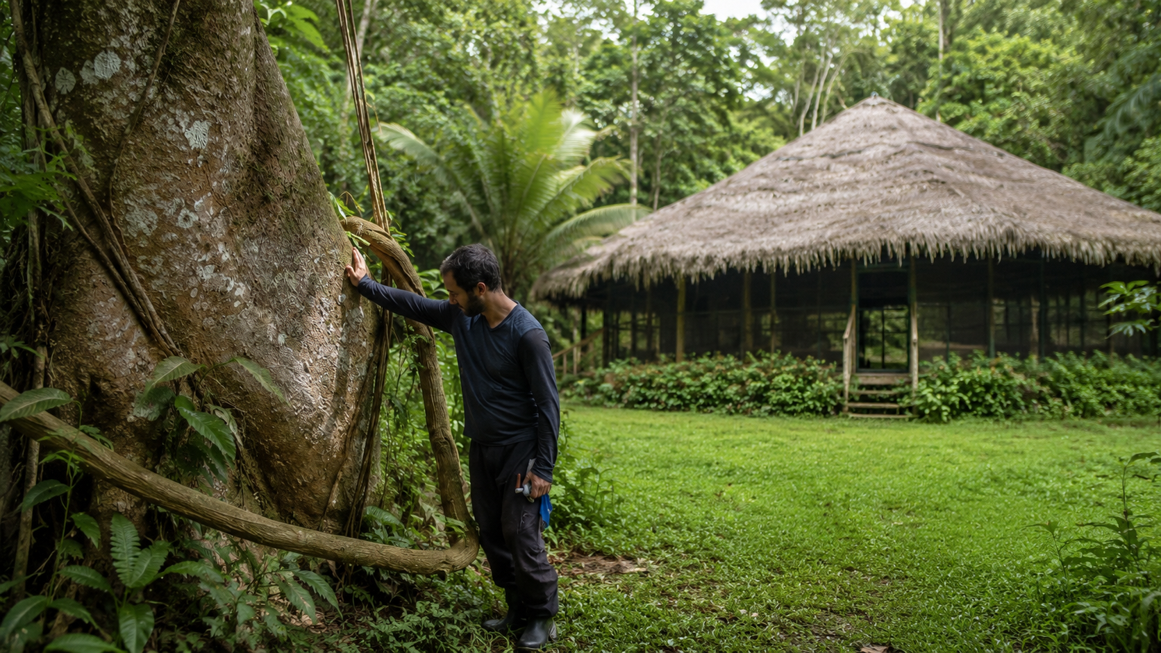 Guest in the Amazon near the maloca during a reflective moment at Ayaymama Mystic