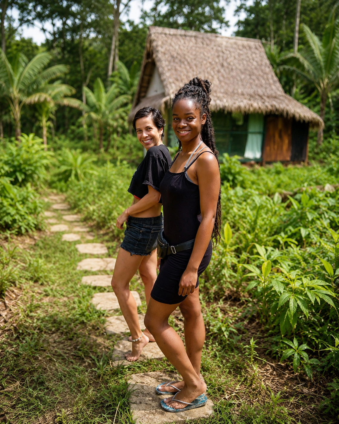 Women walking in the Amazon jungle at Ayaymama Mystic retreat near Iquitos Peru