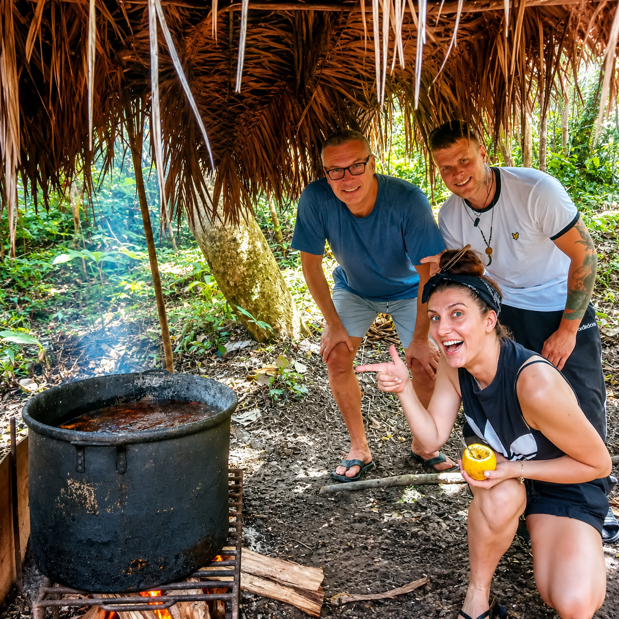 Visitors observing the traditional preparation of ayahuasca medicine in the Amazon jungle near Iquitos Peru