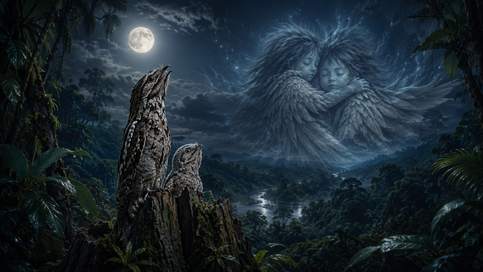 Ayaymama legend with two mystical birds and the spirits of two children over the Amazon jungle at night