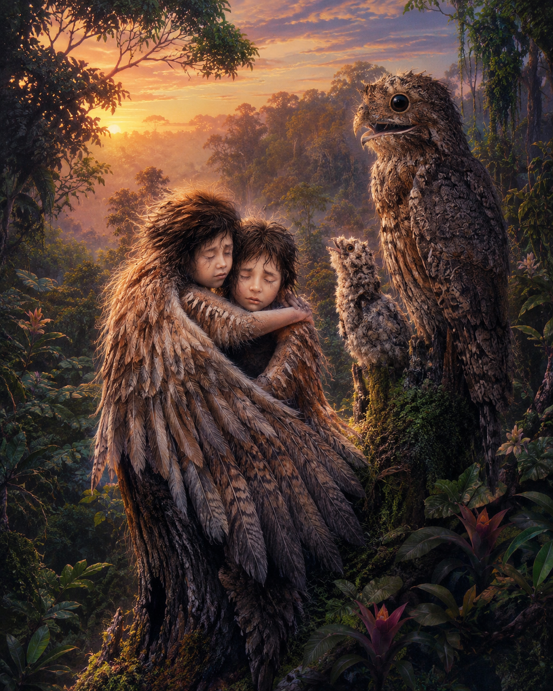 Ayaymama legend showing two children transformed into birds in the Amazon jungle