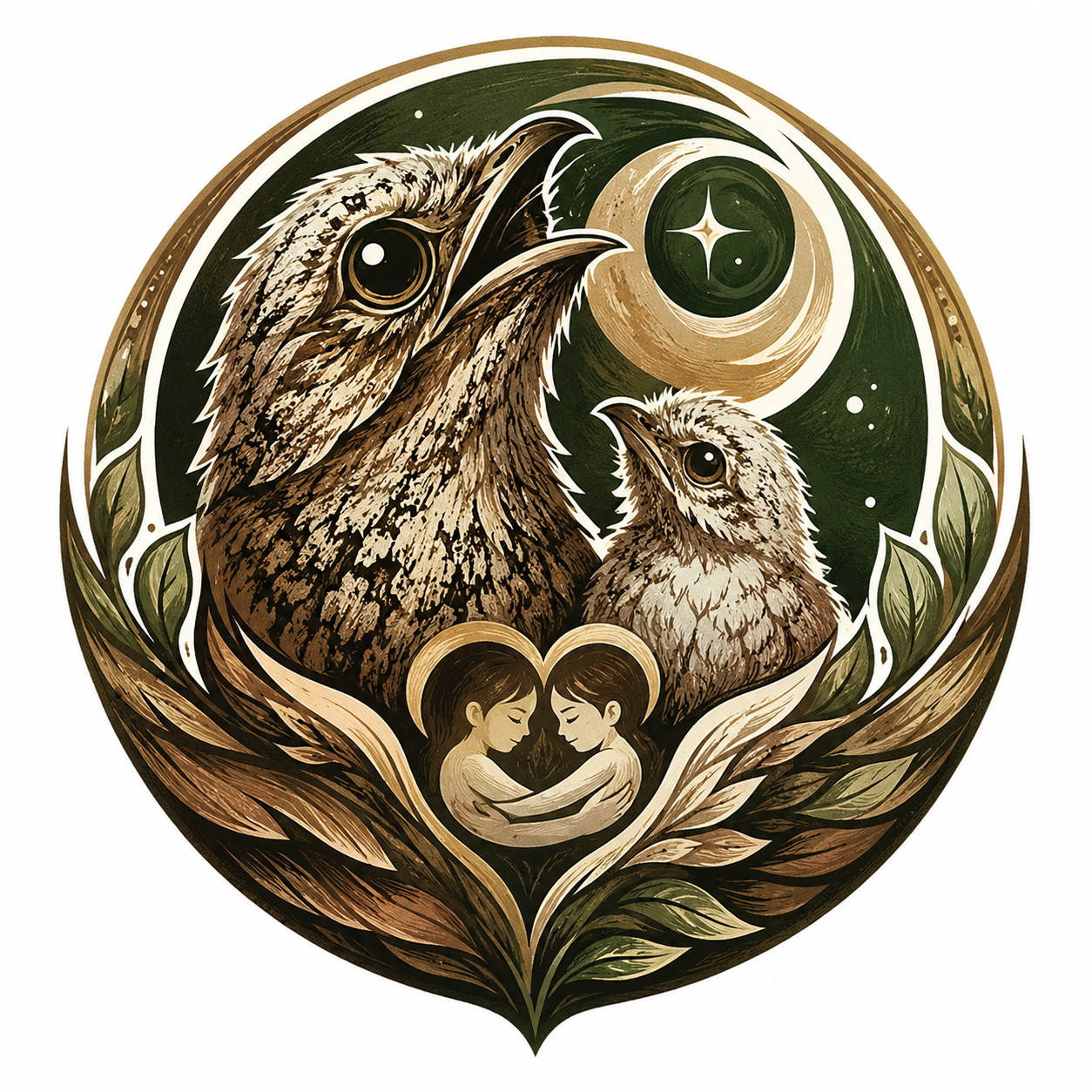Ayaymama legend emblem with two mystical birds, moonlight, Amazonian leaves and the two children of the story