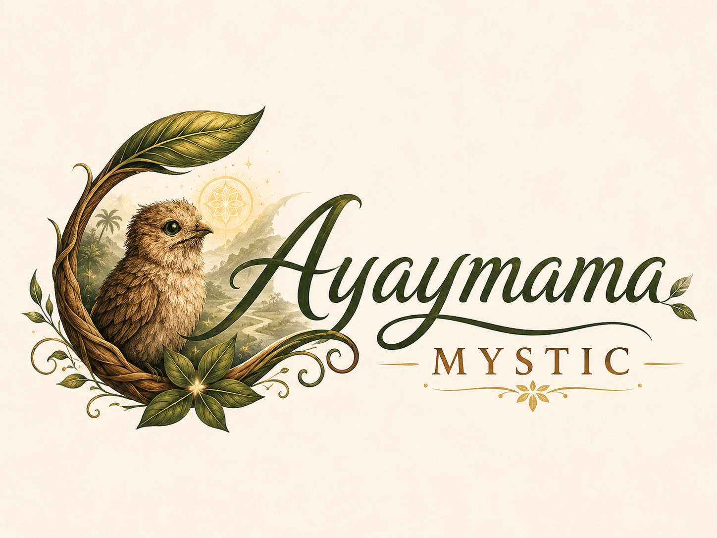Ayaymama Mystic logo with Amazonian bird, jungle leaves and spiritual plant medicine symbolism