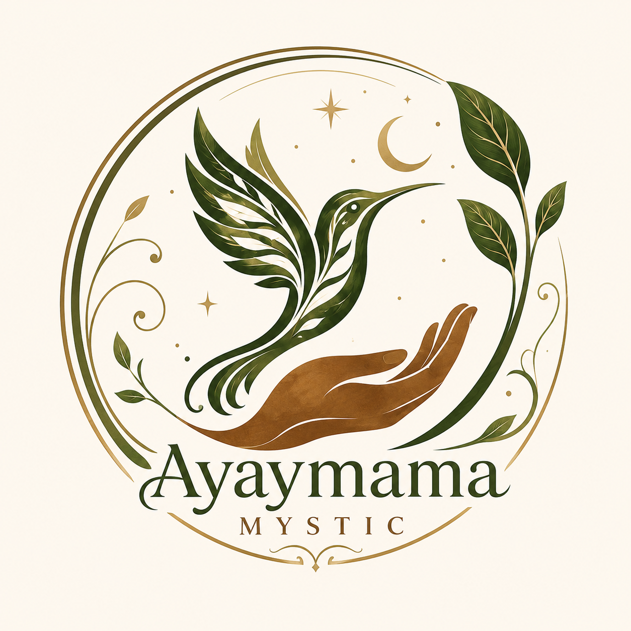 Ayaymama Mystic logo with hand, bird, leaves, moon and Amazonian spiritual symbolism
