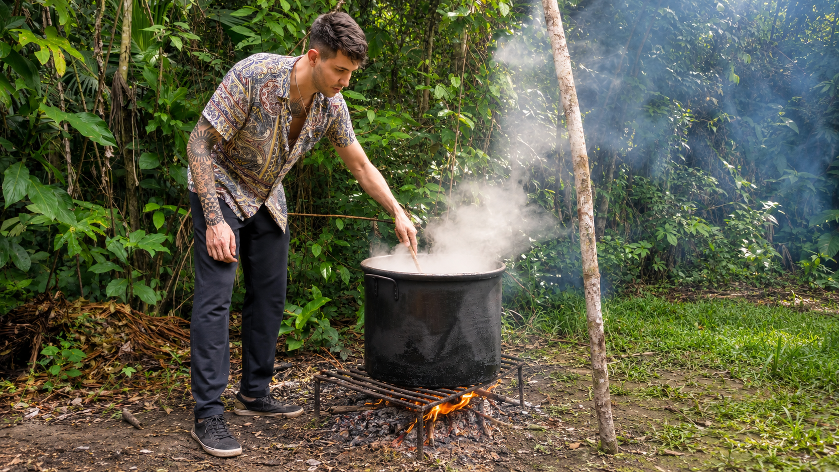 Ayahuasca preparation guide in Peru with traditional brew preparation in the Amazon jungle