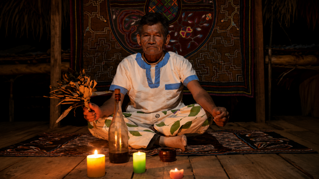 Amazonian ceremonial setting with candlelight, reflecting presence, silence, and preparation during ayahuasca work.